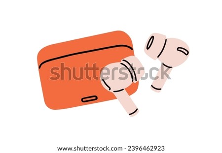 Wireless earphones in case. Cordless earbuds in box. Mobile earplugs, ear phones pair. Audio device, music accessory. Small buds, earpods. Flat vector illustration isolated on white background