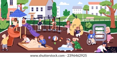 Children at playground. Kindergarten kids playing outside. Childs outdoor activities in summer. Preschool nursery landscape. Boys, girls and toys, entertainment equipment. Flat vector illustration