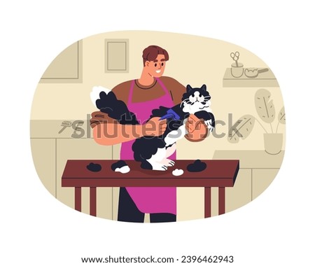 Brushing cats hair in grooming pets salon. Groomer combing kitty, molting feline animal with shedding tool for undercoat and tangled fur. Flat vector illustration isolated on white background