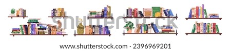 Book rows, stacks on shelves set. Kids literature spines, school textbooks and plants on bookcase, bookshelf. Home library. Colored flat graphic vector illustrations isolated on white background.