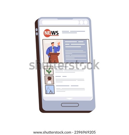 Online news on mobile phone screen. Digital mass media, electronic newspaper on smartphone display. Internet articles, headlines in cellphone app. Flat vector illustration isolated on white background