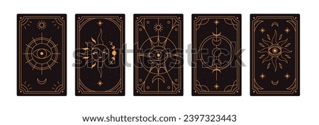 Tarot card backgrounds, back reverse side designs set. Magic esoteric ancient symbols. Mystic occult sacred celestial sun, star, moon. Flat graphic vector illustration isolated on white background.