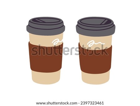 Takeaway paper coffee cup with lid and carton sleeve. Two take-away takeout tea mugs closed with plastic caps. Coffe, latte, hot drink to go. Flat vector illustration isolated on white background.