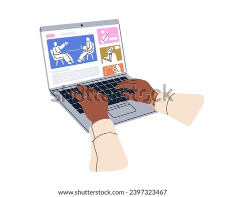 Watching online video on laptop screen, commenting. Hands work on computer keyboard. Internet webinar, lesson on PC display. Watch virtual lesson. Flat vector illustration isolated on white background