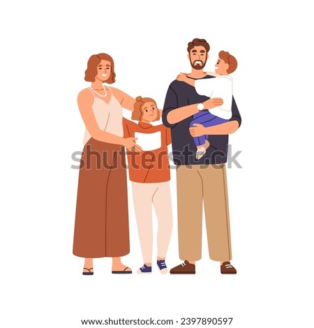 Parents and children. Happy family portrait. Mom, dad and kids. Mother, daughter, father holding toddler son. Wife, husband with siblings. Flat vector illustration isolated on white background