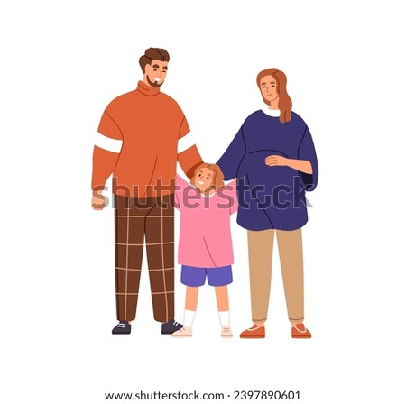 Family with child, pregnant wife and husband. Happy parents, mom, dad and girl kid hugging. Mother, father, partners couple expecting baby. Flat vector illustration isolated on white background