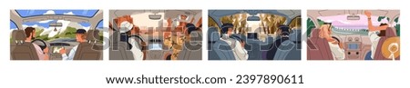 Driving car, inside back view on driver and passenger. Auto interior with people, at steering wheel, dashboard. Friends, couples ride, travel. Holiday road trip in nature set. Flat vector illustration