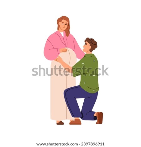 Pregnant wife and husband. Family couple, future parents expecting baby. Happy mother with pregnancy belly, father waiting for first child. Flat vector illustration isolated on white background