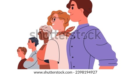 Team, group, community, union. Confident characters standing together in row. United society, party. Happy people activists looking forward. Flat vector illustration isolated on white background