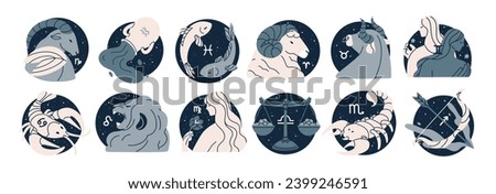Zodiac signs, horoscope icons set. Astrology symbols, Capricorn, Taurus, Libra and Scorpio constellations. Twelve astrological avatars. Modern flat vector illustrations isolated on white background