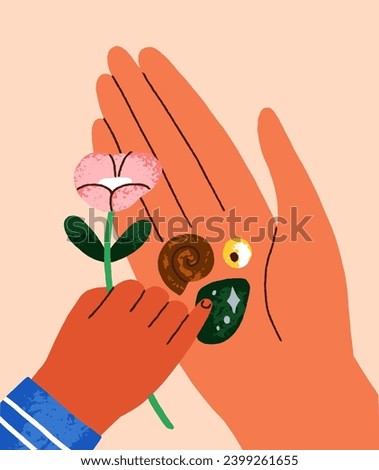 Mom and kid hands. Cute child giving funny gifts, presents to mother. Little stones, flower on palm. Mommy and toddler, love, tender relationships, warmth and tenderness. Flat vector illustration