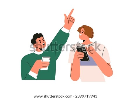 Friends holding mobile phones, talking, discussing and sharing ideas for social media. Happy excited young characters with smartphones. Flat graphic vector illustration isolated on white background