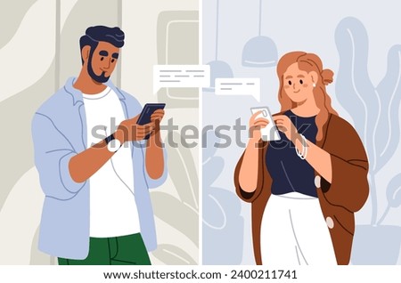 Online communication in online chat. Happy characters using, holding smartphones, messenger, texting messages at distance. Couple correspondence in mobile cell phones. Flat vector illustration