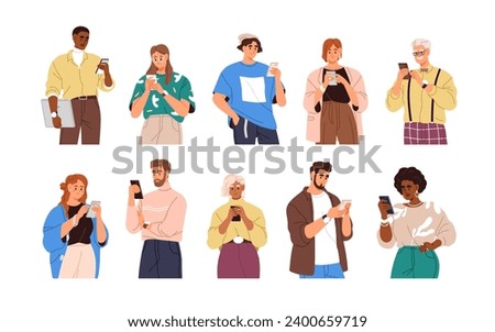 Characters with mobile smart phones set. People holding smartphones. Men, women using cell devices, cellphones in hands, reading, surfing online. Flat vector illustrations isolated on white background