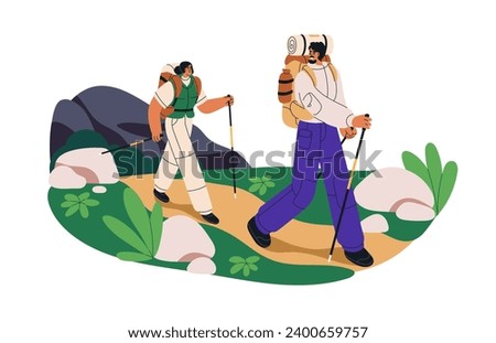 Hikers couple travel with walking poles. Tourists trekking, hiking with staffs in nature on summer holiday. Adventure with backpacks. Flat graphic vector illustration isolated on white background