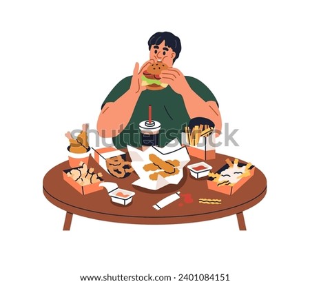 Man glutton eating fast junk food. Person overeating fastfood, burgers, fat snacks. Hungry character and unhealthy diet, gluttony. Flat graphic vector illustration isolated on white background