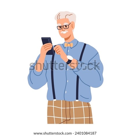 Old man using mobile cell phone. Senior elderly character holding smartphone in hands. Aged cellphone user, happy person texting online. Flat graphic vector illustration isolated on white background