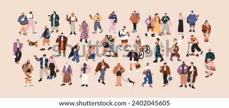 Young people in fashion outfits set. Tiny male and female characters walking in trendy apparel, modern style. Stylish men, women trendsetters in casual clothes. Isolated flat vector illustrations