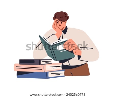Man student reading book, studying. Person learning science, business, preparing for exam. Happy bookworm reader. Education, knowledge concept. Flat vector illustration isolated on white background