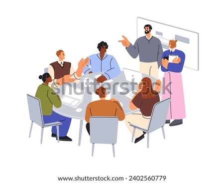 Business meeting at conference table. Office team, employees at brainstorm, work discussion. Corporate communication, teamwork, collaboration. Flat vector illustration isolated on white background