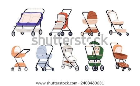 Strollers, prams, pushchairs set. Empty baby carriages, wheeled cradles. Childs carts, infants transports for walking, different design types. Flat vector illustrations isolated on white background