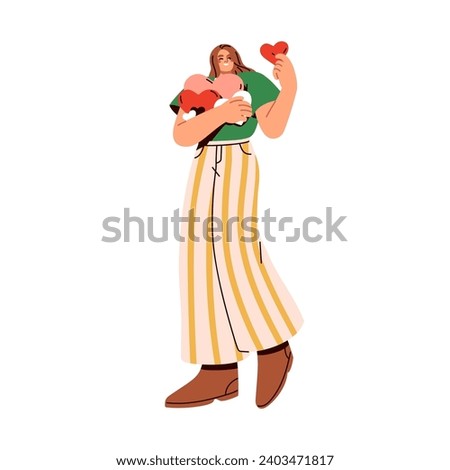 Happy woman holding many heart-shaped cards for Valentines day. Girl with likes in hands. Kind volunteer with donations. Charity concept. Flat vector illustration isolated on white background