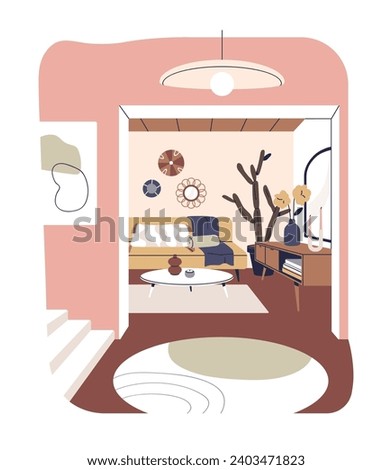 House interior design. Living room, view from hall. Modern apartment, home with furniture, decor. Carpet, cozy sofa, decor, plants, flowers. Flat vector illustration isolated on white background