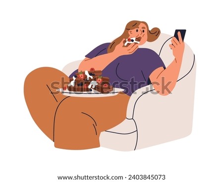 Woman eating sweet dessert, cake with phone in hand. Person overeating unhealthy sugar food, snack, pastry, confection. Gluttony concept. Flat graphic vector illustration isolated on white background