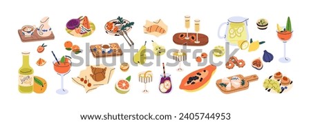 Food and drinks set. Summer picnic snacks, beverages. Fruit, cheese appetizers. Cocktails, lemonades, alcohol in wineglasses, bakery and canape. Flat vector illustrations isolated on white background