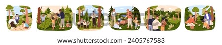 Children and adults in forest set. Kids, parents in nature on summer holiday, studying environment. Outdoor leisure, scouting, adventure. Flat graphic vector illustration isolated on white background