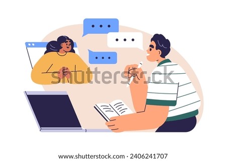 Student studying online. Virtual education, elearning concept. Man at computer learning in internet, communication with tutor at webinar. Flat graphic vector illustration isolated on white background