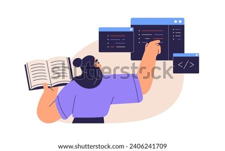 Student coding, programming. Studying software engineering, computer language, information technology. Programmers and coders education concept. Flat vector illustration isolated on white background