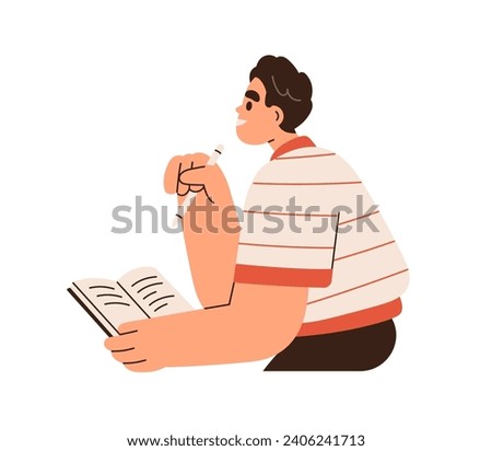 Happy student taking notes, records in notebook. Person writing in paper notepad with pen. Character studying with note book, summary. Flat graphic vector illustration isolated on white background
