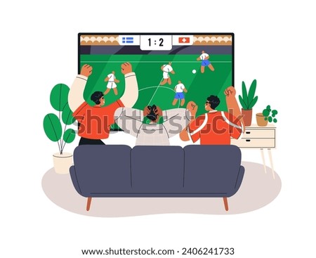 Soccer fans watching football match, sport game on TV screen at home. Friends gathering on couch at home for championship on television. Flat graphic vector illustration isolated on white background
