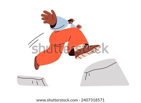 Man jumping over obstacle. Brave character overcoming difficulty, daring to risk. Ambition, danger, courage, way to goal, aim, psychology concept. Flat vector illustration isolated on white background