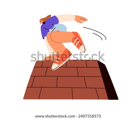 Jumping over wall barrier, overcoming obstacle. Risk, challenge, hurdle on way. Brave courageous ambitious girl during parkour, extreme sport. Flat vector illustration isolated on white background