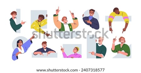 Curious character peeking, looking from behind wall, peeping outside hole. Happy people indicating, pointing with finger, advertising set. Flat graphic vector illustration isolated on white background