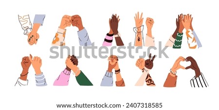 Friend hands together set. Giving high five, fist bump, peace sign, greeting, touching, supporting. Friendship, love relationship concept. Flat graphic vector illustration isolated on white background