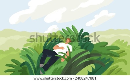 Character relaxing in nature, dreaming, sleeping alone. Calm serene summer landscape with man reposing, resting. Relaxation, peace, freedom, wellness, psychology concept. Flat vector illustration