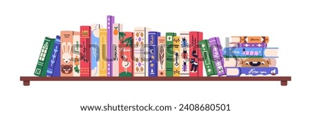 Books row on kids shelf. Bookshelf, childrens home library with fantasy and fairytale literature. Nursery reading, preschool education. Flat graphic vector illustration isolated on white background