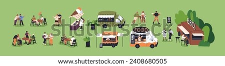 Open-air festival set. Food trucks, tiny people relaxing outdoors in park, nature on summer holiday, vacation. Street cafe trailers, characters resting at tables. Isolated flat vector illustrations