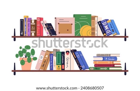 Kids bookshelf. Book shelves, home library with childrens literature. Fiction, encyclopedias, school textbooks for reading, education. Flat graphic vector illustration isolated on white background