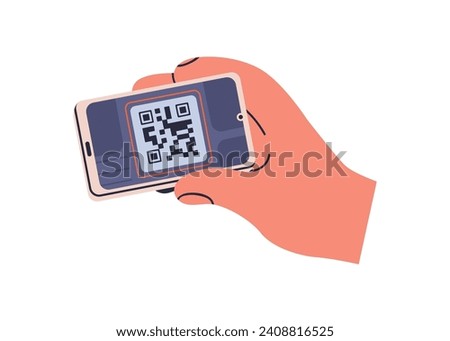 Scanning QR-code with mobile scanner app, holding smart phone in hand. Using QRcode reader on smartphone screen for payment, information. Flat vector illustration isolated on white background