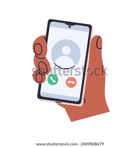 Incoming phone call on mobile screen. Hand holds smartphone with accept, receive, answer and decline, hang up button. Unknown contact on cell. Flat vector illustration isolated on white background