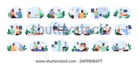 Patients and doctors set. Medical examination, health checkup and medicine treatment. Physicians office in hospital. Healthcare specialists. Flat vector illustration isolated on white background