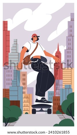 Young skater on skateboard in city downtown, riding among skyscrapers. Happy giant big character, skateboarder on skate board in modern metropolitain with tower buildings. Flat vector illustration