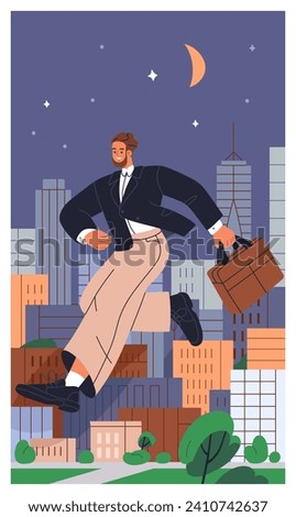 Happy employee, business man flying over night city. Excited office worker, businessman running, jumping over skyscrapers in big metropolis. Fast busy lifestyle concept. Flat vector illustration