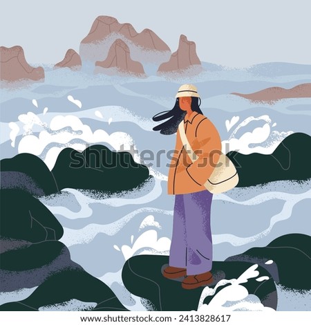 Woman at sea in windy cold weather. Sad person thinking, standing on rock, stone, looking at waves. Melancholy mood concept. Serene marine nature landscape in wind and fog. Flat vector illustration