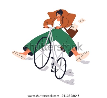 Happy business woman cycling, riding bicycle. Funny joyful female character on bike, fun and joy. Excited active energetic carefree postwoman. Flat vector illustration isolated on white background