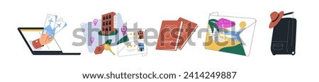 Summer holiday travel set. Air tickets, accommodation on map, passports, sea resort photo, suitcase. Tourists hotel, tour documents, luggage. Flat vector illustrations isolated on white background